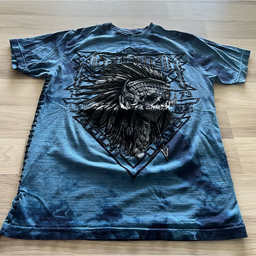 Affliction Womens Top Size Medium Blue Indian chef skull W/ arrow through skull